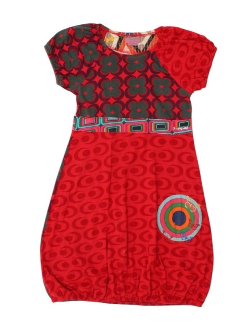 Desigual Girls Red Graphic Dress w/Bubble Hem & Cap Sleeves - Size 7/8!